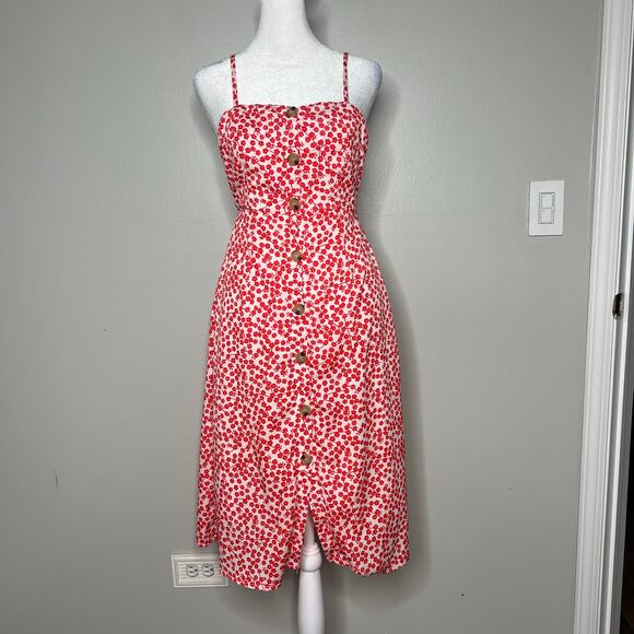 Women's Red Ditsy Floral Button Front Tie Back Dress Size 10 Coquette Cottage - Picture 1 of 8
